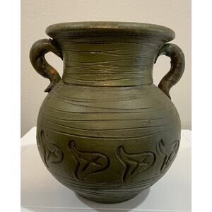 Vtg Rustic Olive Green Black Handles Abstract Art Pottery Vase Planter 8 1/4” H